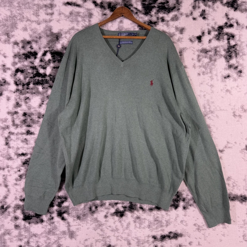 New Polo Ralph Lauren Sweater Mens Size XXL Green V-Neck Pima Cotton Pony Preppy
